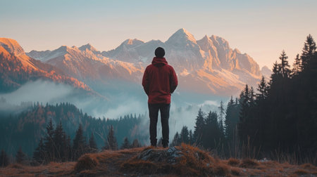 Person in red hoodie stands on rocky terrain, admiring breathtaking mountain landscape at dawn, enveloped by mist and trees, evoking a sense of wonder and tranquilityの素材