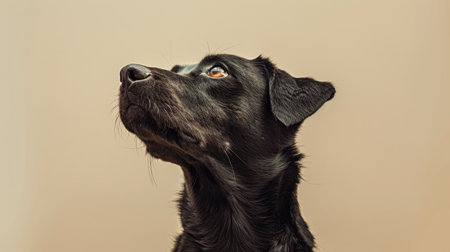 Black dog with glossy coat looks up, displaying its inquisitive expression and alert posture, surrounded by a smooth, neutral backdrop, emphasizing its charm and characterの素材