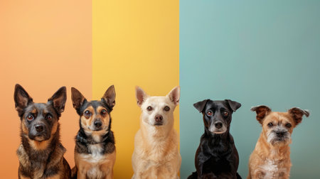 A lineup of five charming dogs, each with distinct features, poses against a vibrant backdrop of orange, yellow, and teal, highlighting their playful nature and individualityの素材