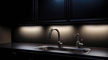 Contemporary kitchen sink features a polished chrome faucet, set against dark cabinetry, illuminated by warm ambient lighting, enhancing the modern aesthetic of the spaceの素材