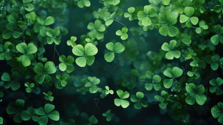 Dense clover leaves create a rich green backdrop, showcasing various shades and textures, inviting a feeling of calmness and connection to nature's essenceの素材