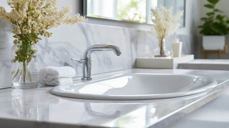 Modern bathroom sink features sleek faucet, fresh flowers, and soft towels, creating a tranquil designed atmosphere in a beautifully spaceの素材