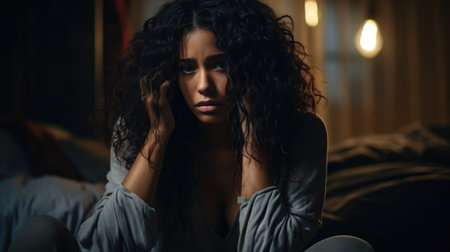 Female with curly hair is seated on a bed in a softly lit room, showcasing emotions of distress and contemplation, with warm ambiance and cozy surroundingsの素材