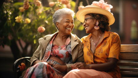 Two smiling African American women are seated on a bench in a park, enjoying each other's company amidst colorful flowers, radiating warmth and happinessの素材
