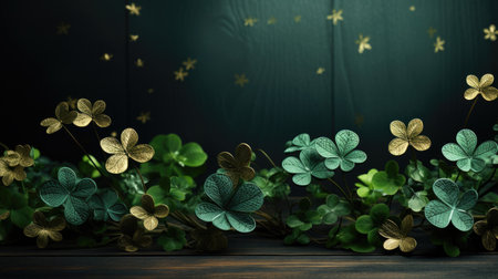 Artistic arrangement of green and golden clover leaves on wooden surface, creating a vibrant ambiance with soft glowing lights in the background enhancing the visual appealの素材