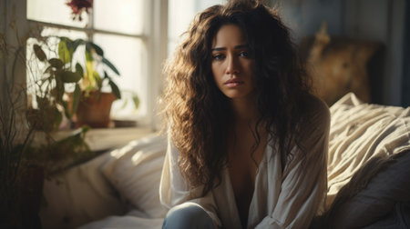 Female with curly hair is seated on a bed in a bright room, surrounded by soft fabrics and greenery, creating a serene and reflective ambianceの素材