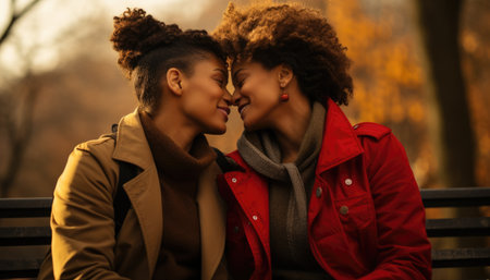 Two women are leaning close on a bench in a park, surrounded by vibrant autumn leaves, showing their bond and the beauty of the season's colorsの素材