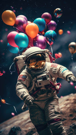 Space explorer in a spacesuit, joyfully floating among vibrant balloons, set against a cosmic background, illustrating the spirit of adventure and celebrationの素材