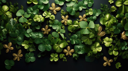 Vibrant arrangement of green leaves and golden clovers on a dark backdrop, showcasing a harmonious blend of nature and artistry in a visually appealing displayの素材