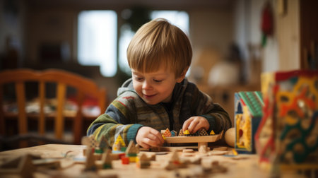 Child with blonde hair engages with vibrant wooden toys on a table, highlighting imaginative play in a warm, inviting indoor setting filled with soft lightの素材