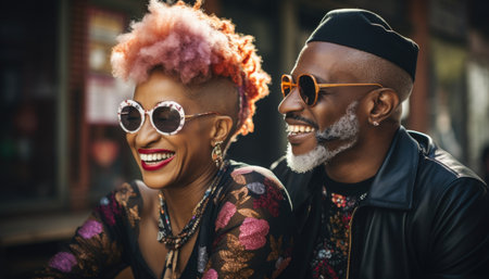 Happy African American couple, wearing fashionable sunglasses, sharing a joyful moment outdoors, surrounded by a lively urban atmosphere and colorful fashion elementsの素材