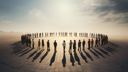 Group of people from various backgrounds standing in a circle on an expansive terrain, with shadows stretching towards the center, creating a sense of connection and communityの素材