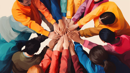 Group of diverse individuals placing hands together in a collaborative gesture, symbolizing unity and teamwork, with vibrant colors enhancing the atmosphere of cooperationの素材