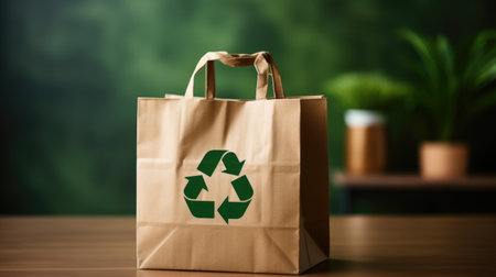 Brown paper bag featuring a recycling symbol, positioned on a wooden surface, with lush green plants in the background, highlighting eco-conscious choicesの素材