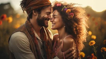 Happy couple embraces in a colorful flower field, surrounded by blooming flowers, radiating joy and love, creating a warm and romantic atmosphereの素材