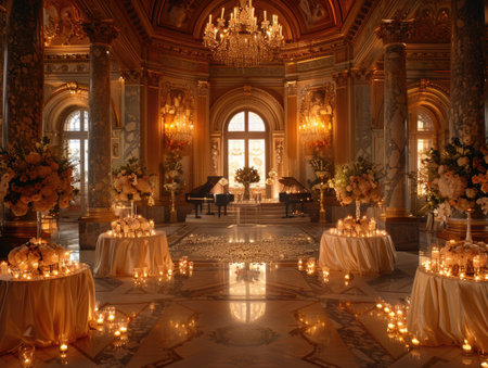 Luxurious ballroom features beautifully arranged flowers, soft candlelight, and opulent chandeliers, setting a romantic scene for weddings and elegant gatheringsの素材