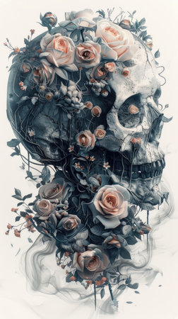 Artistic skull surrounded by blooming roses and vines, symbolizing the juxtaposition of life and death, featuring intricate details and a captivating visual narrativeの素材