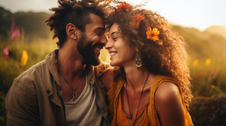 Happy couple with natural hairstyles, enjoying a tender moment in a sunlit field filled with colorful flowers, embodying love and connection in a serene environmentの素材