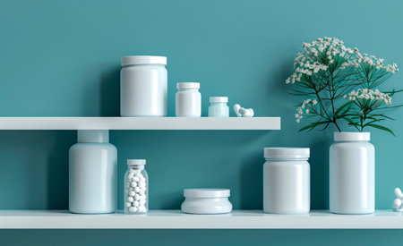 White jars and bottles are neatly displayed on a shelf against a teal wall, complemented by decorative flowers, enhancing a calming and organized environment for health productsの素材