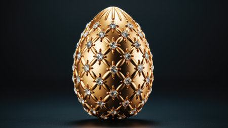 Luxurious golden egg features detailed floral designs and shimmering gems, elegantly lit to highlight its beauty and craftsmanship in a dark settingの素材