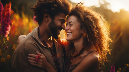 Happy African American couple enjoying each other's company in a colorful flower field, radiating love and joy amidst the natural surroundings and warm sunlightの素材