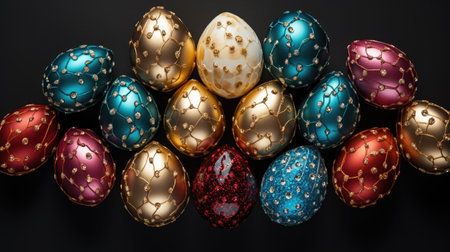 Decorative eggs in vibrant colors and textures are arranged on a dark surface, highlighting their intricate designs and festive appeal for seasonal festivitiesの素材
