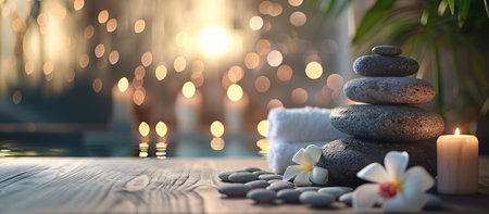 Smooth stones are stacked with white flowers and a lit candle on a wooden surface, creating a tranquil ambiance with soft bokeh lights for relaxation and mindfulnessの素材