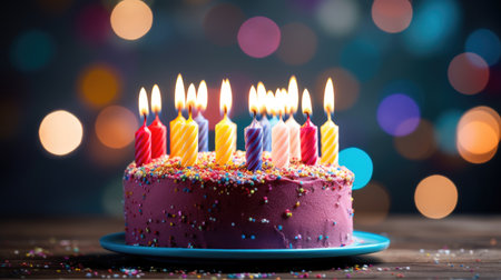 A beautifully decorated birthday cake with colorful candles, set against a backdrop of soft bokeh lights, evoking a cheerful and celebratory ambianceの素材