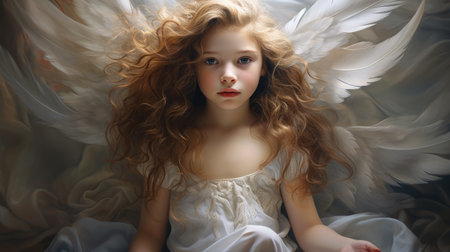 Young girl with curly hair, wearing a white gown, is seated gracefully with angel wings, creating a peaceful and enchanting ambiance in a soft, dreamlike environmentの素材