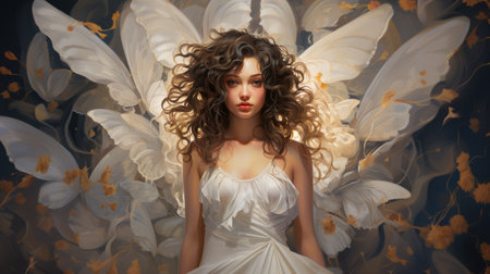 Female figure with curly hair in a white dress, surrounded by butterflies and floral accents, creating a magical and serene ambiance in a whimsical settingの素材