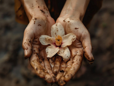 Woman's hands gently cradle a white flower, adorned with dirt, representing the harmony of nature and human experience, highlighting beauty and resilienceの素材
