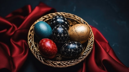 Decorative eggs displayed in a woven basket on luxurious red fabric, featuring detailed patterns and vibrant colors, ideal for festive occasions and seasonal celebrationsの素材