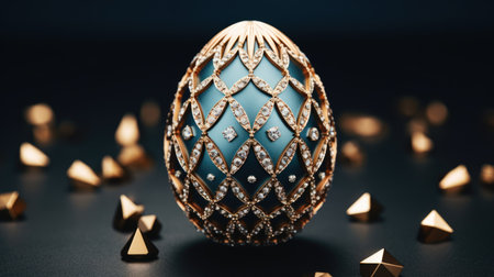 Decorative egg features exquisite gold patterns and shimmering gems, placed among golden pyramid shapes, creating a luxurious atmosphere and visual appealの素材