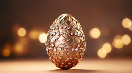Decorative golden egg embellished with shimmering jewels, set against a dreamy bokeh backdrop, creating a luxurious and celebratory ambiance for special occasionsの素材