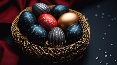 A woven basket holds beautifully decorated eggs with various patterns and colors, set against a dark surface and luxurious fabric, showcasing artistic craftsmanshipの素材