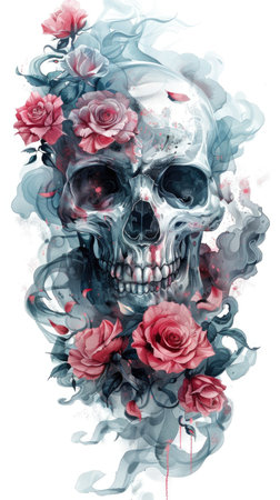 Skull illustration adorned with pink roses and ethereal smoke, symbolizing the juxtaposition of beauty and mortality in a unique artistic expressionの素材