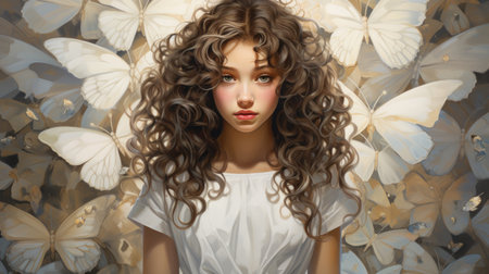 Female figure with curly hair in white dress, surrounded by butterflies, evokes a sense of tranquility and transformation in a beautifully composed sceneの素材