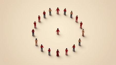 Diverse individuals are arranged in a circle, symbolizing unity and collaboration, with a soft gradient background that enhances the atmosphere of teamwork and connectionの素材