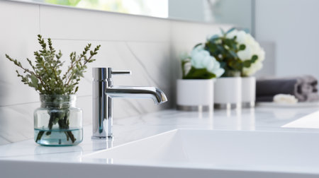 Contemporary bathroom sink features a polished chrome faucet, decorative plants in glass and ceramic containers, and neatly arranged towels, creating a serene atmosphereの素材