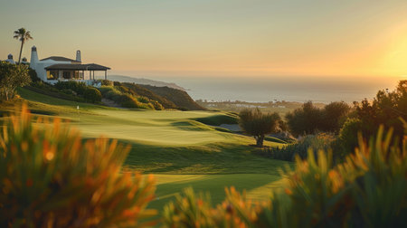 Beautiful golf course landscape at sunset, showcasing vibrant green grass, ocean views, and a welcoming clubhouse, perfect for outdoor enthusiasts and nature loversの素材