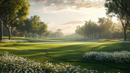 Scenic view of a golf course featuring manicured grass, blooming flowers, and trees, illuminated by gentle sunlight, inviting outdoor activities and leisure timeの素材