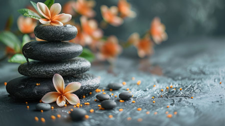 Black stones are stacked with soft flowers and petals around them, creating a peaceful spa atmosphere that promotes relaxation and mindfulnessの素材