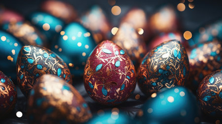 Decorative eggs in shades of blue and red, featuring detailed golden designs, are arranged beautifully, enhancing the festive ambiance for seasonal celebrationsの素材