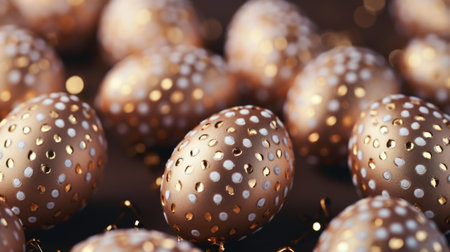 Golden decorative eggs with white polka dots are beautifully arranged on a dark surface, enhancing the festive ambiance for seasonal celebrations and gatheringsの素材