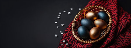 Colorful eggs in a decorative basket are placed on a rich red cloth, with sparkling gems scattered around, enhancing the festive and elegant ambianceの素材