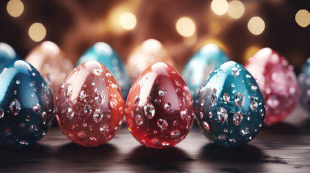 Decorative Easter eggs with vibrant colors and sparkling details are arranged on a wooden surface, enhancing the festive ambiance with soft bokeh lightsの素材