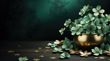 Arrangement of green clover leaves in a golden bowl, with scattered petals and decorative elements, creating a tranquil and elegant ambiance for nature-inspired settingsの素材