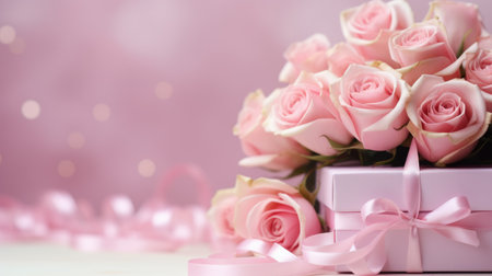 Elegant arrangement of pink roses on a gift box with ribbon, creating a romantic ambiance ideal for celebrations, gifts, and special momentsの素材