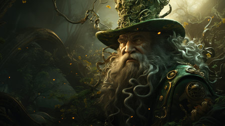 Wise elderly man with flowing white hair and beard, dressed in a green hat with vines, stands in an enchanting forest, radiating a sense of magic and connection to natureの素材