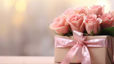 Stunning pink roses elegantly arranged in a gift box adorned with a satin ribbon, creating a romantic ambiance ideal for celebrations and special momentsの素材